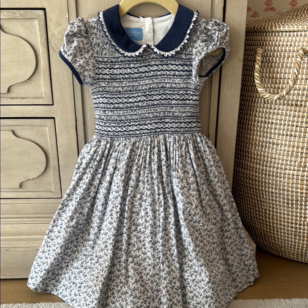 Blue and White Smocked Fit and Flare Dress with Peter Pan Collar